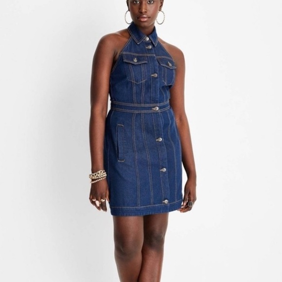 Future Collective dress Alani Noelle halter mini dark denim open back 2 - Picture 3 of 10